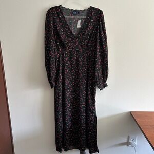 NWT GAP Maxi Dress Black Red Floral M V-Neck Eyelet Lace Trim Long Sleeve